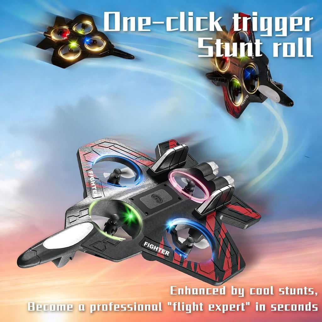 AVIRON RC Fighter Drone Toy for Kids – 4 Propeller Remote Control Airplane with LED Lights | USB Rechargeable Flying Toy with Controller | Indoor & Outdoor Fun Gift
