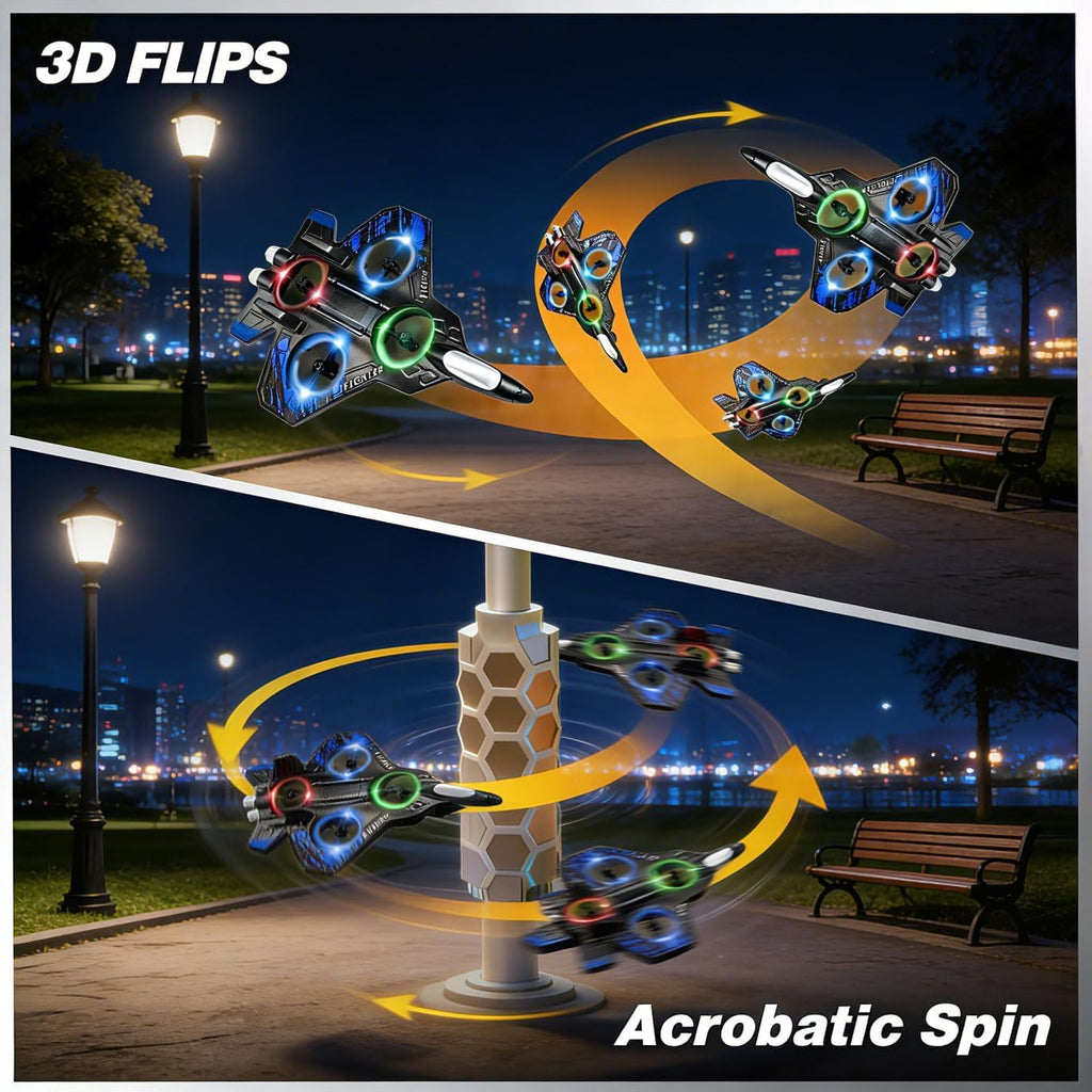AVIRON RC Fighter Drone Toy for Kids – 4 Propeller Remote Control Airplane with LED Lights | USB Rechargeable Flying Toy with Controller | Indoor & Outdoor Fun Gift