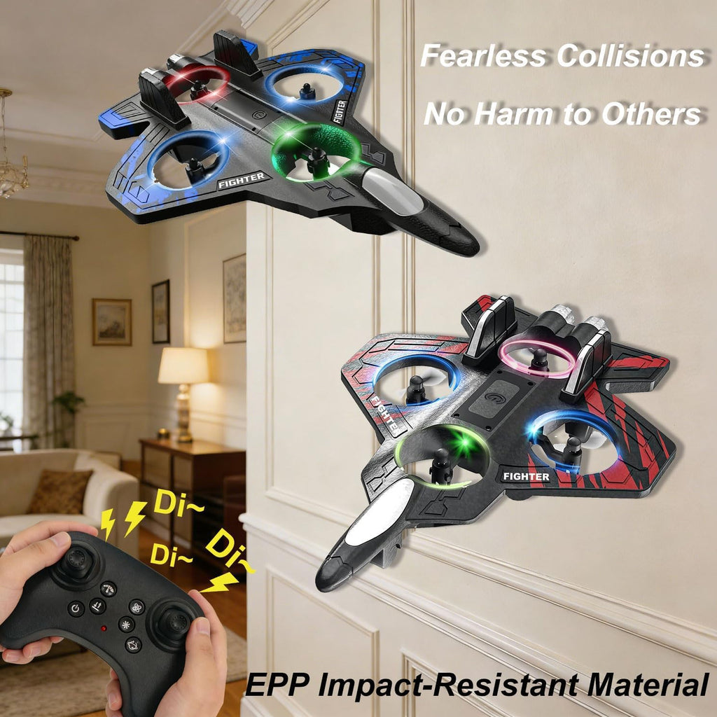 AVIRON RC Fighter Drone Toy for Kids – 4 Propeller Remote Control Airplane with LED Lights | USB Rechargeable Flying Toy with Controller | Indoor & Outdoor Fun Gift